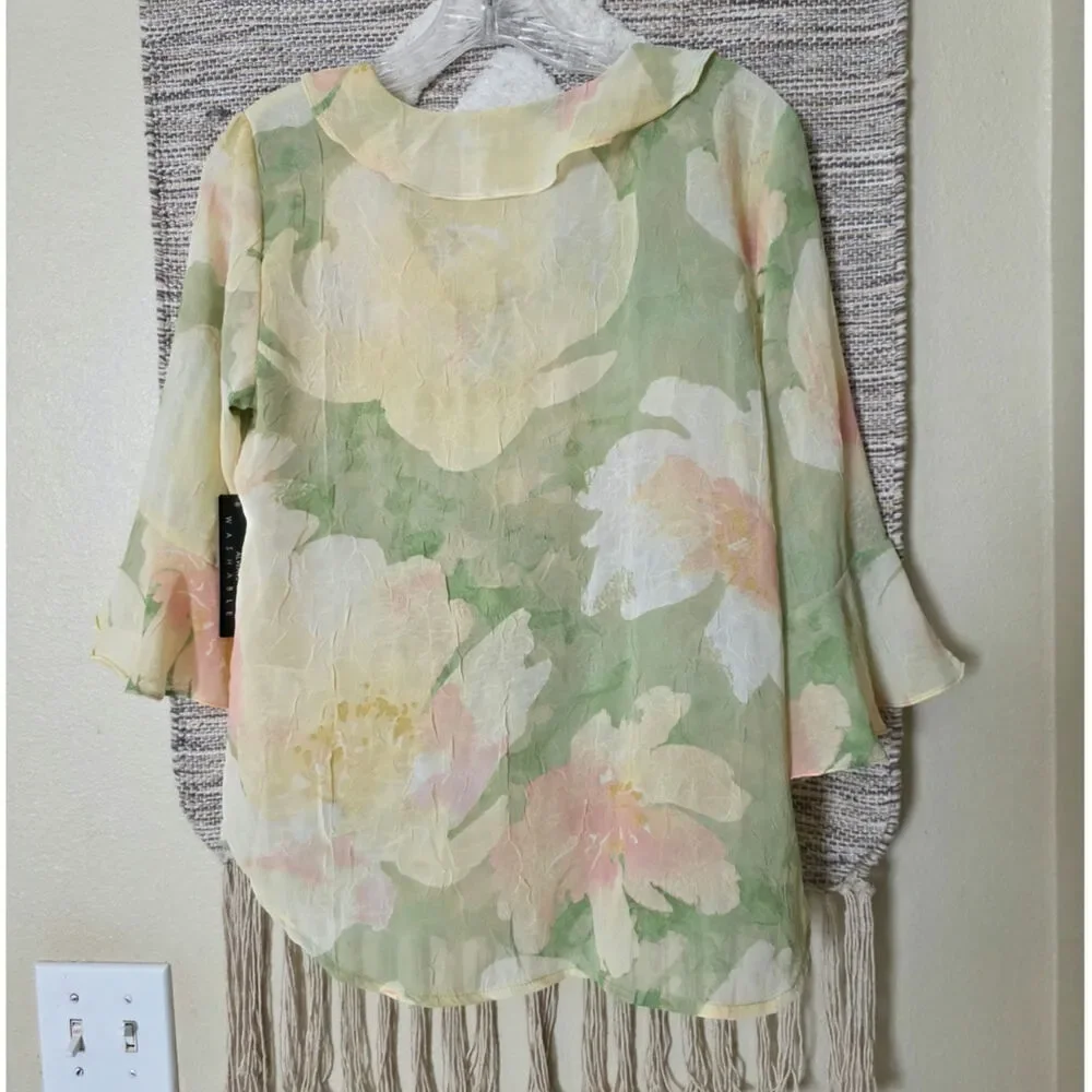 NWT Sara Michelle Sheer Floral Blouse Size S Green Pastel Ruffle Front